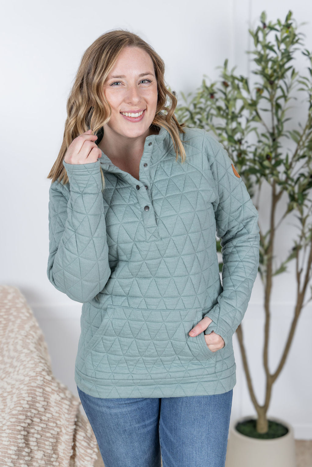 Geometric Button Snap Pullover - Sage
